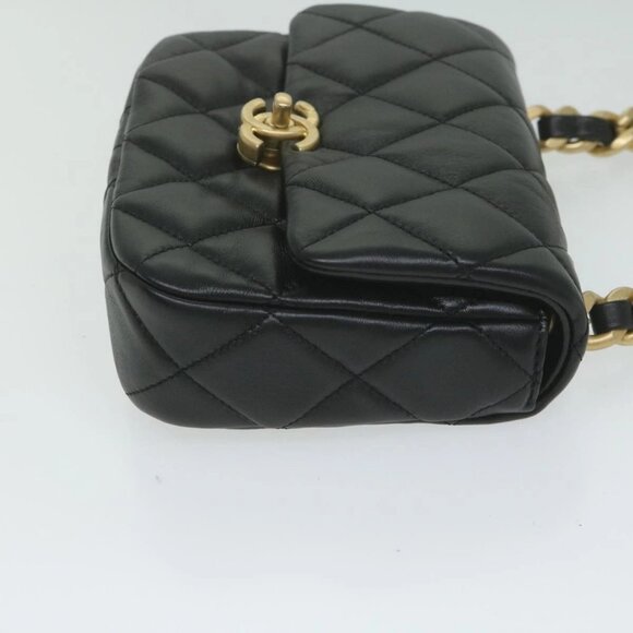 CHANEL Matelasse Turn Lock Chain Shoulder Bag Lamb Skin Black CC Auth ar11105AM - Picture 4 of 16